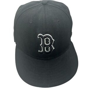 New Era 59FIFTY Boston Red Sox Fitted Hat Black White Size 7 5/8 MLB Cap